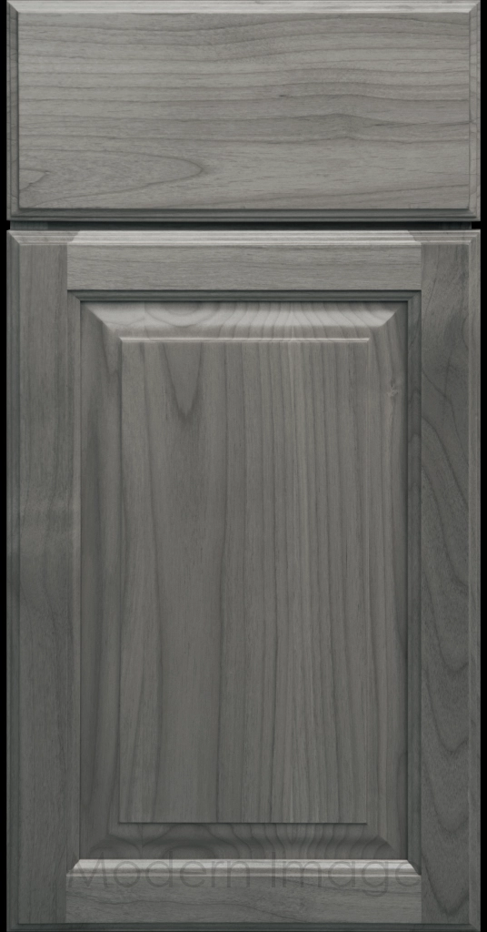 Pewter stained Hampton raised panel kitchen cabinets with flat slab drawer fronts.